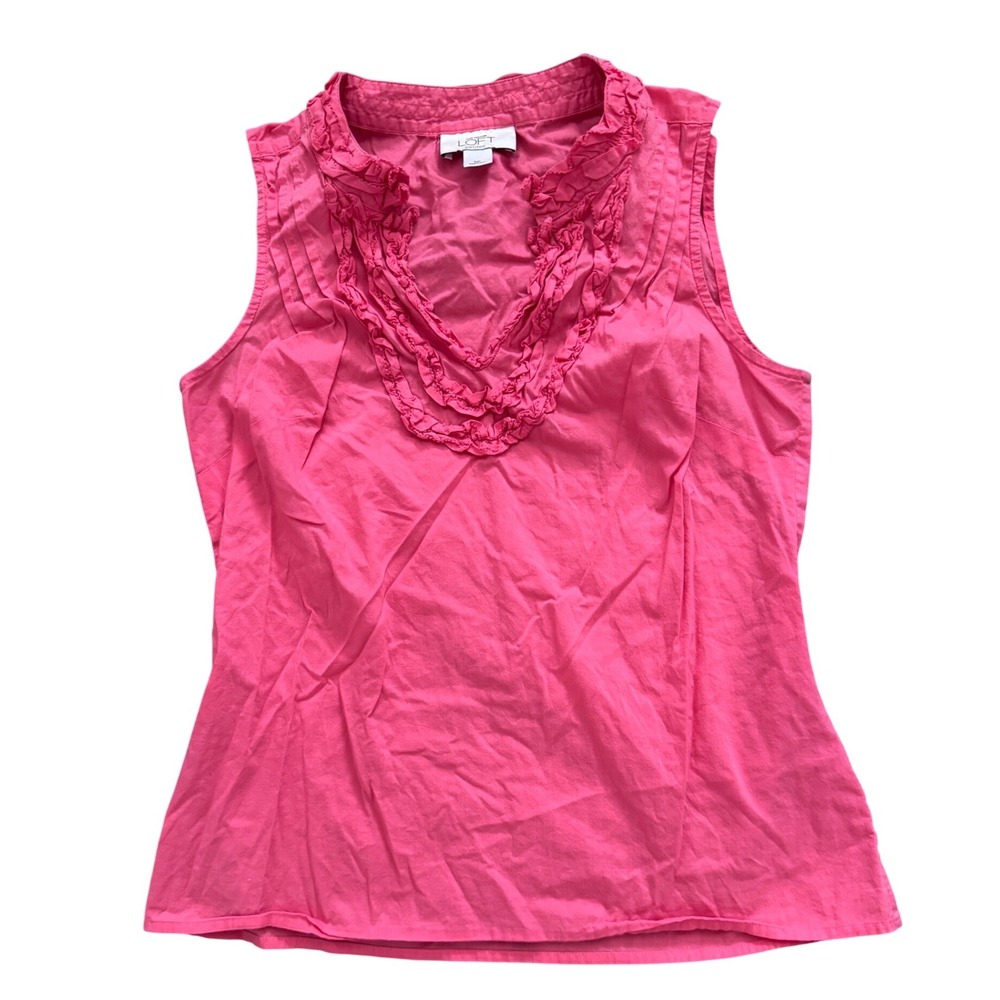 Ann Taylor LOFT Petites Ruffle V-Neck Sleeveless Cotton‎ Blouse Top SP